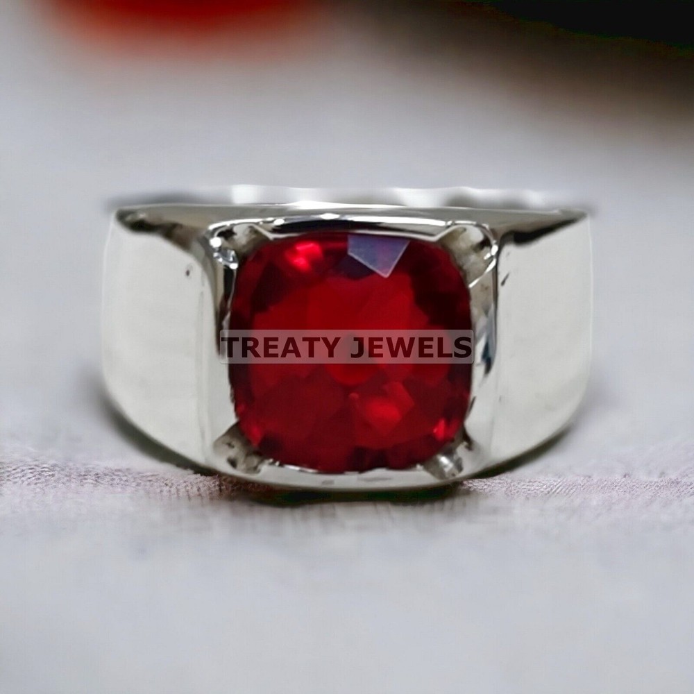 Ruby Cushion Cut Gemstone With 14K Solid White Gold Ring For Men's #A493