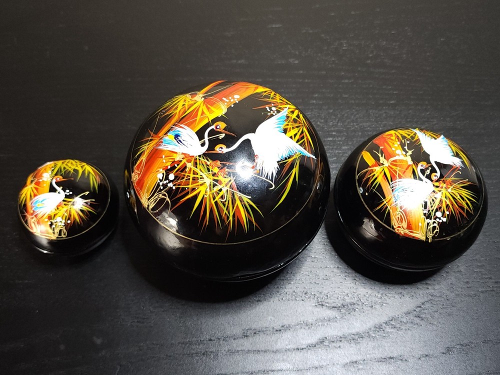 Painted Enamel STORKS ON THREE NESTING TRINKET BOXES Asian Lacquerware VIETNAM