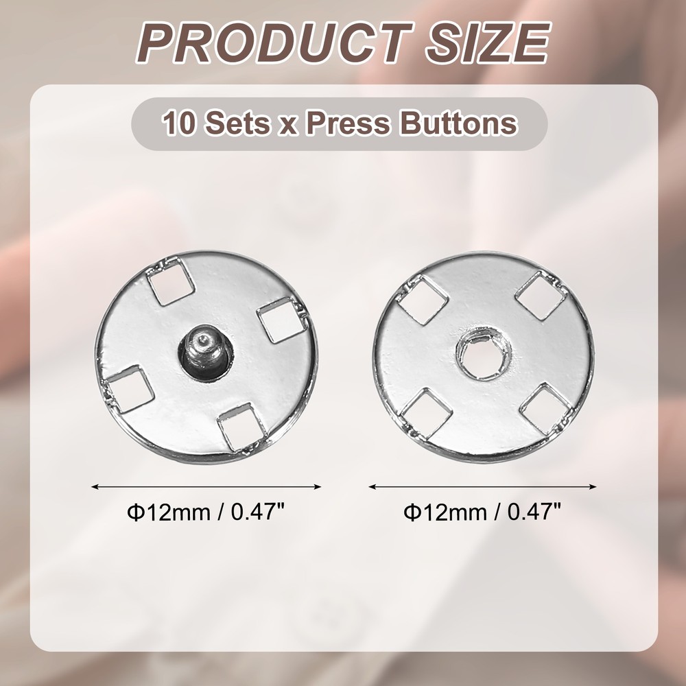 10 Sets Sewing Snap Buttons, Press Buttons Snap Fasteners 12mm, Dark Silver