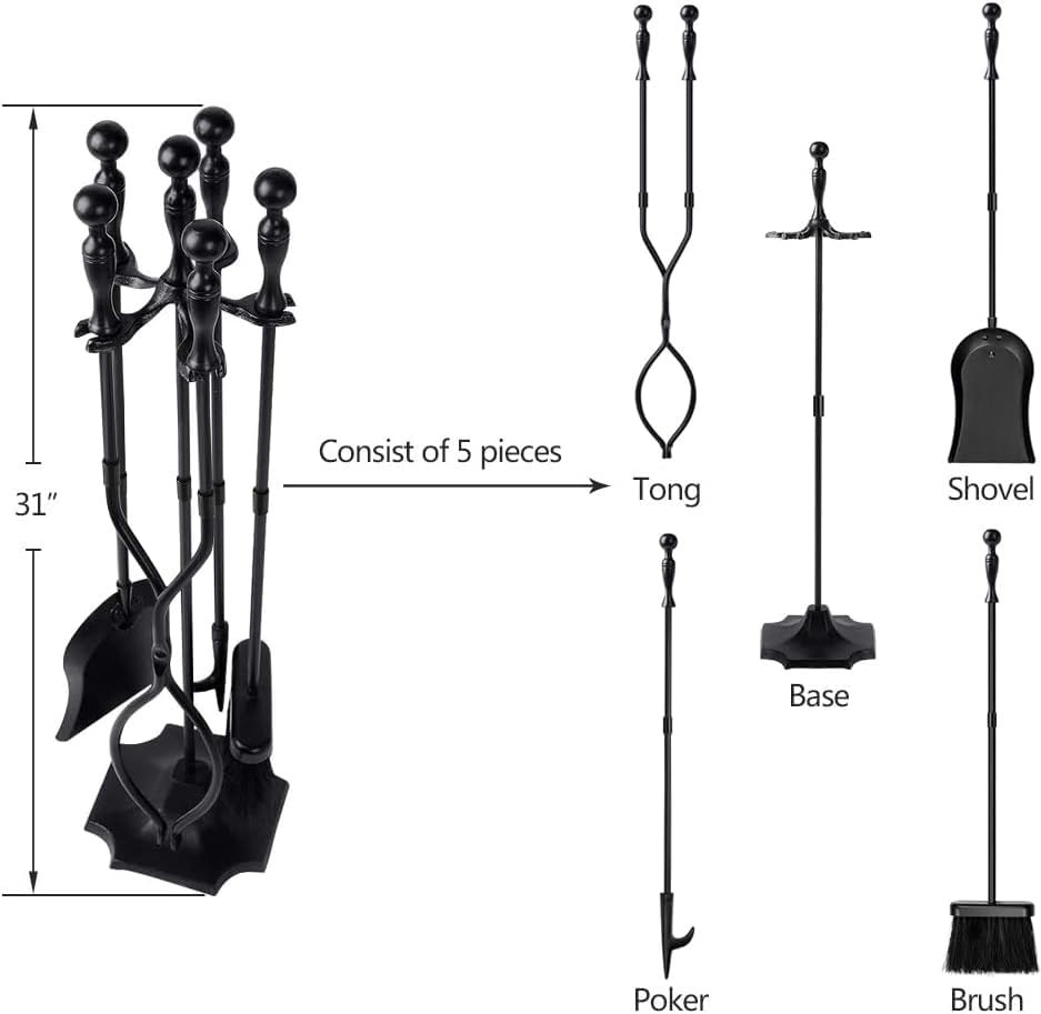5 Pcs Fireplace Tools Set 31" Wrought Iron Handle Large Fire