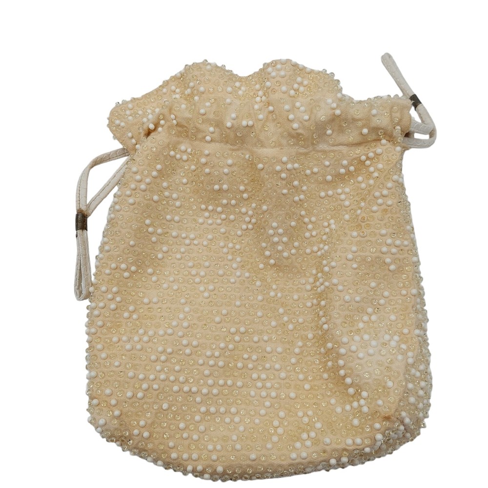 Beaded Purse With Pull String Closure Cream Colored Reversible