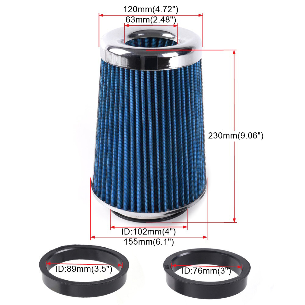 3", 3.5", 4" Inlet Long Performance High Flow Cold Air Intake Cone Dry Filter