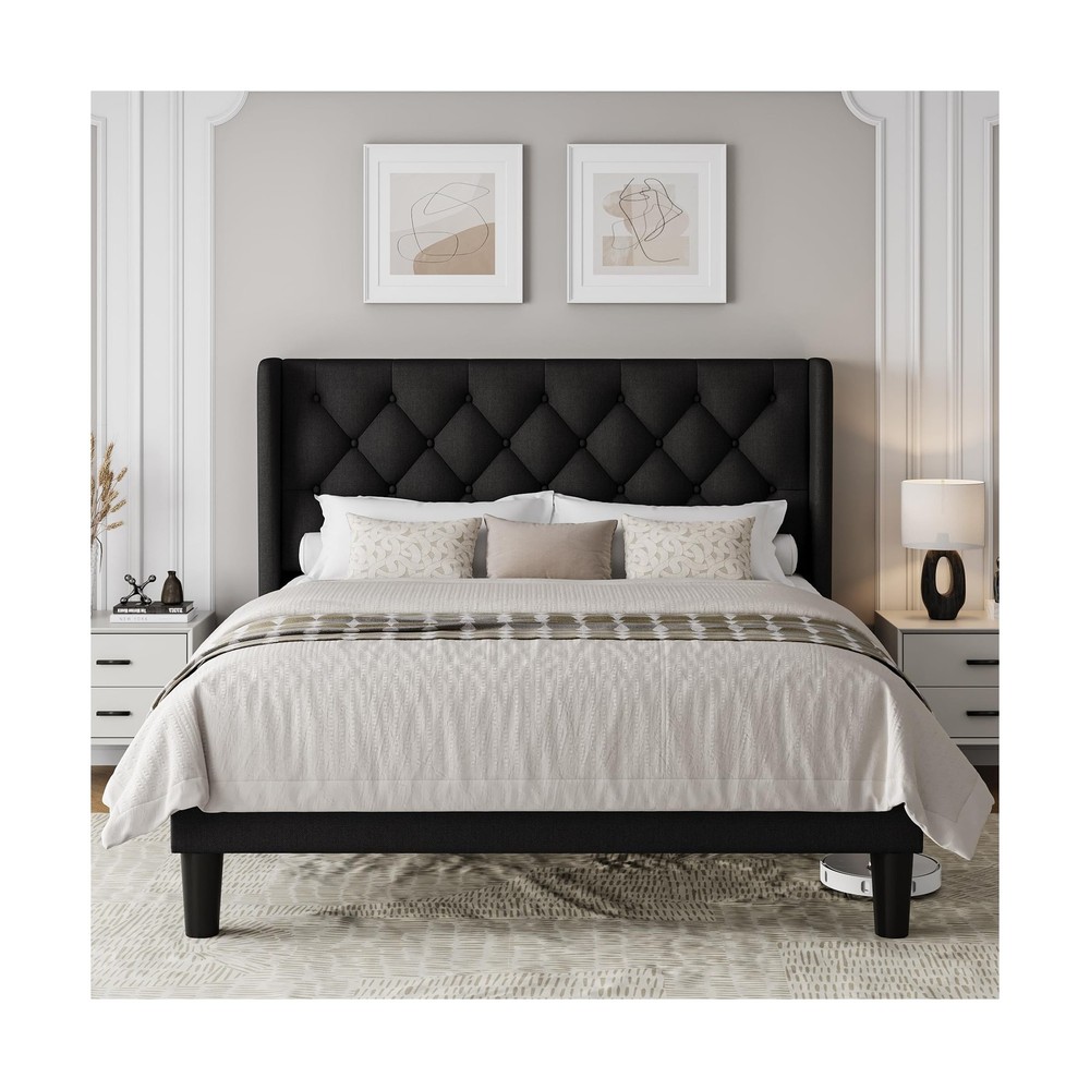 Einhomn Black Queen Size Platform Bed Frame with Fabric Upholstered Wingback ...