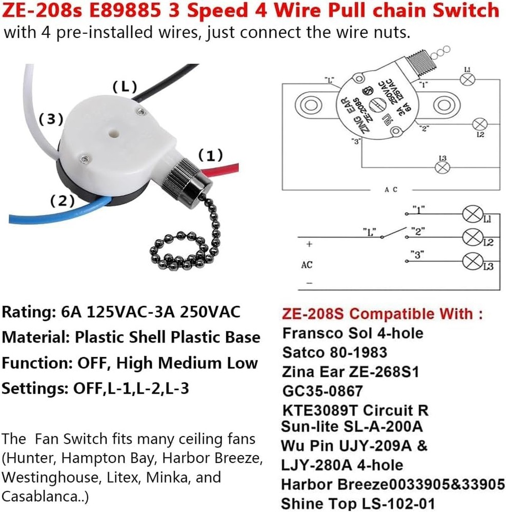 2PS Ceiling Fan Switch Zing Ear ZE-208s E89885 3 Speed 4 Wire Pull Chain Swit...