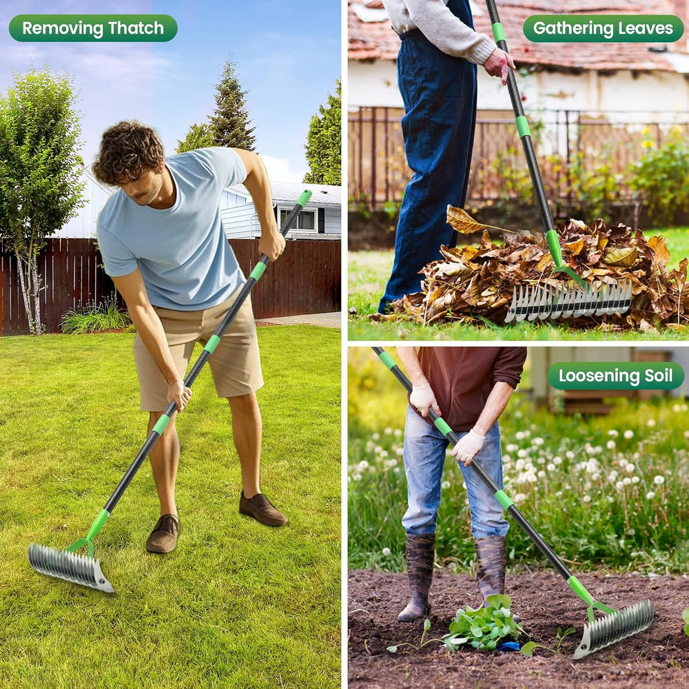 63” Thatch Rake Dethatcher Rakes for Lawns, Heavy Duty 21 Curved Double-Side Sha