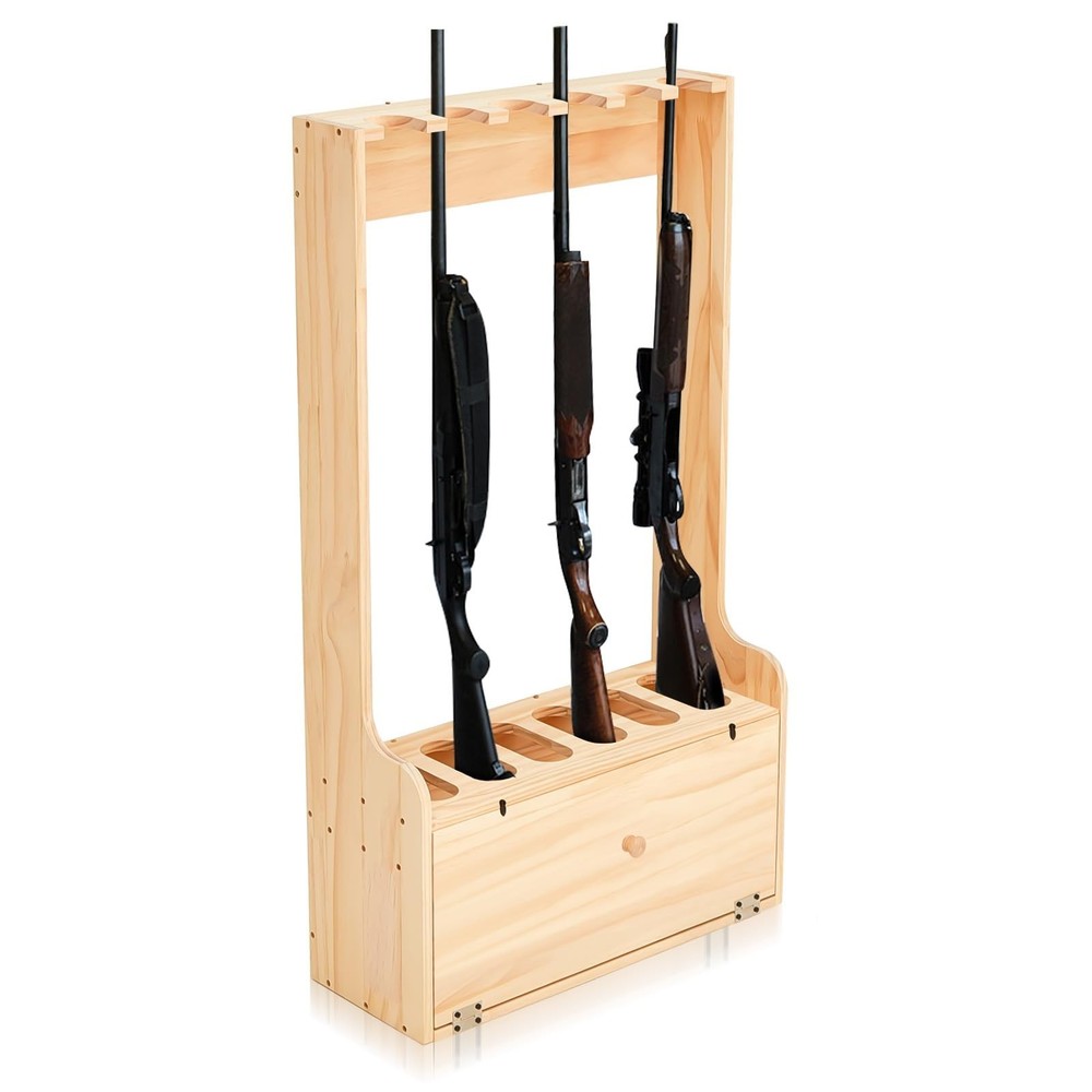 Gun Rack 6 Gun w/Storage Wood Gun Storage Display Rack Solid Pine Standing Gun..