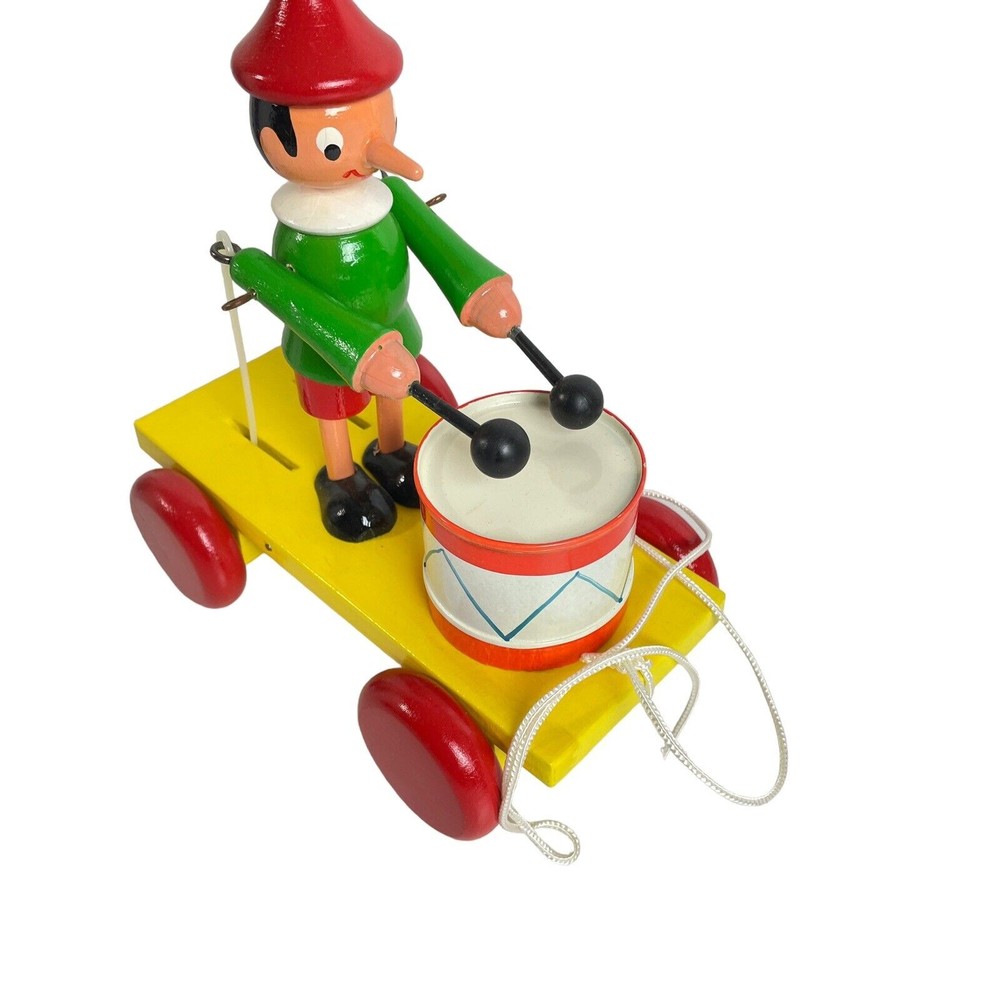 Wooden Pinocchio Playing Drum Pull String Children's Toy