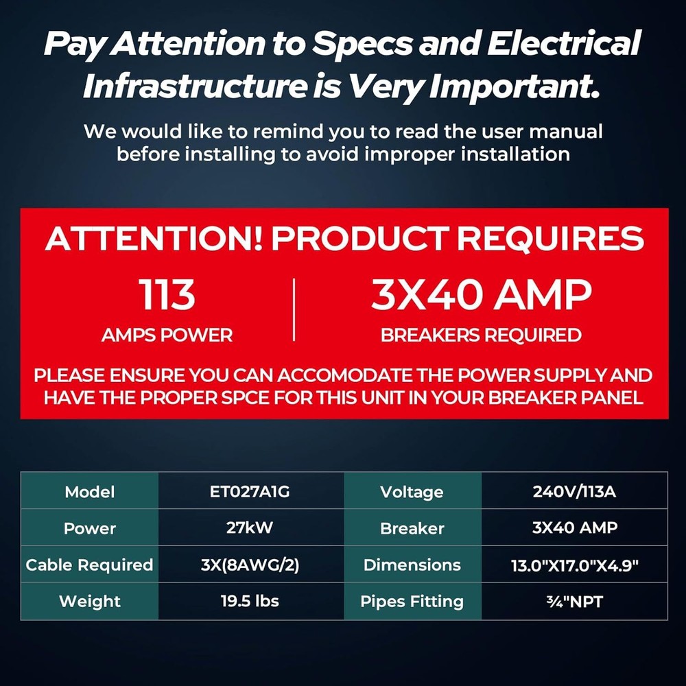 【90% NEW】Electric Tankless Water Heater 27KW Instant Hot Whole House Indoor