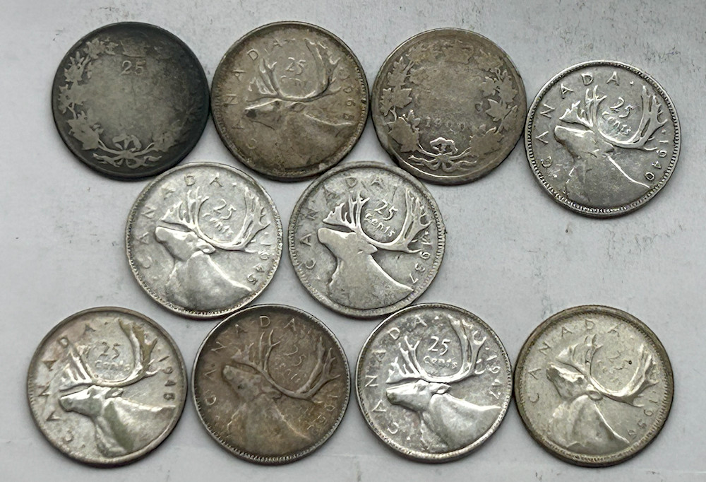 CANADA SILVER 10 COINS - 25 CENTS