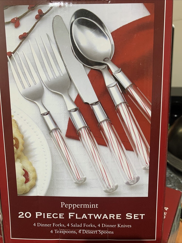 Sakura Peppermint Red/White Candy Cane Handles Flatware Set Service for 4 NIB