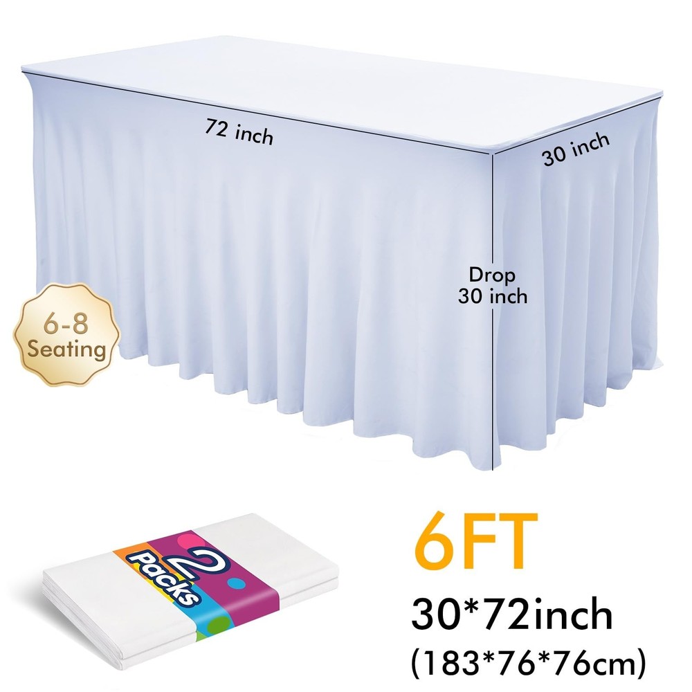 FAVE 2 Pack White Table Cloth Rectangle 6ft Table Cover Fitted Design Tables ...