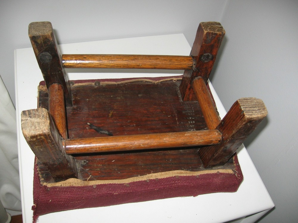 antique wood 4 legged foot stool with needlework top