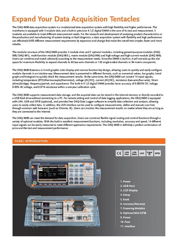 GW Instek DAQ-909 8+2 Channels High Voltage High Current Multiplexer DAQ