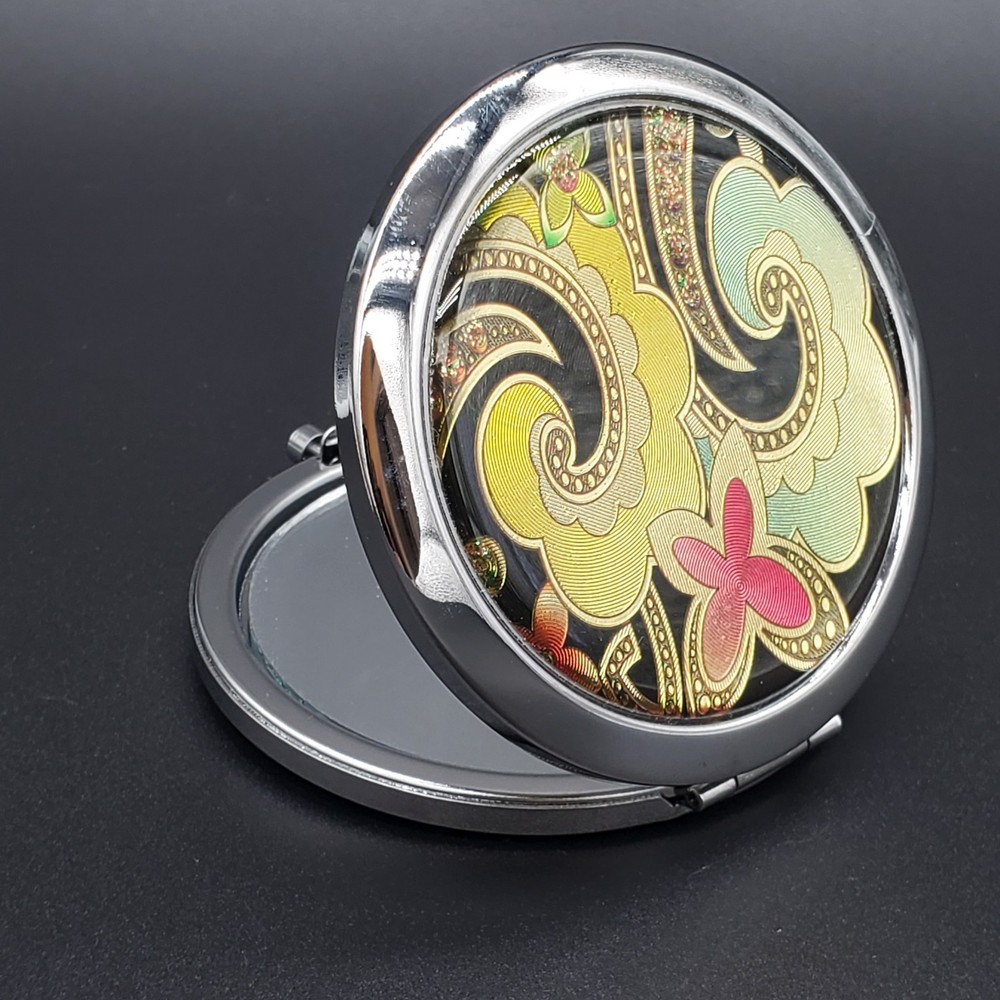 Foiled Decorated Silvertoned Double Mirrored Compact New