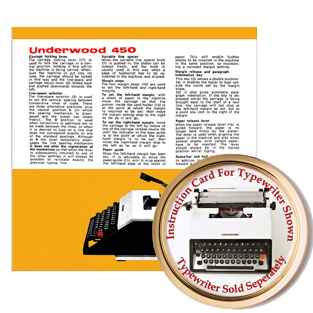 Underwood 450  Typewriter Owner's User Instruction Card Guide