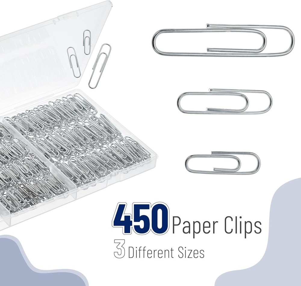 450 Silver Paper Clips - Zinc Galvanized, Assorted Sizes for Office & DIY