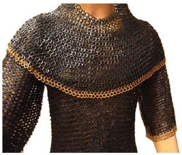 Chain Mail Shirt Flat Riveted Flat Solid Chain Mail Hauberk & Coif Brass Riveted