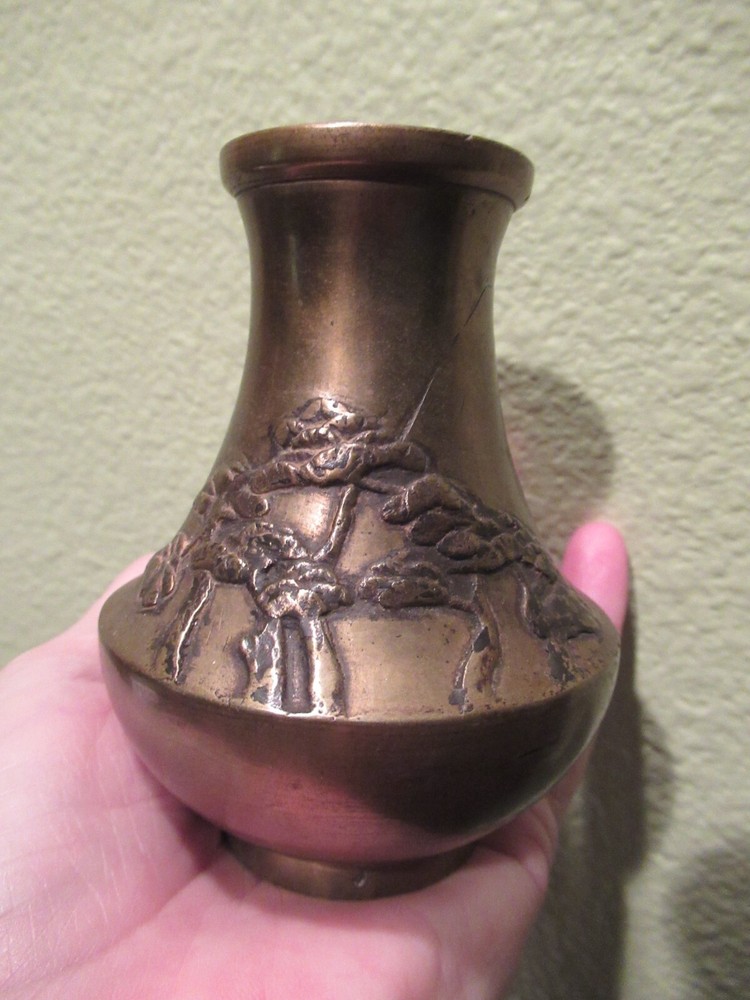 Antique Brass 4" Vase Cherry Trees Japan