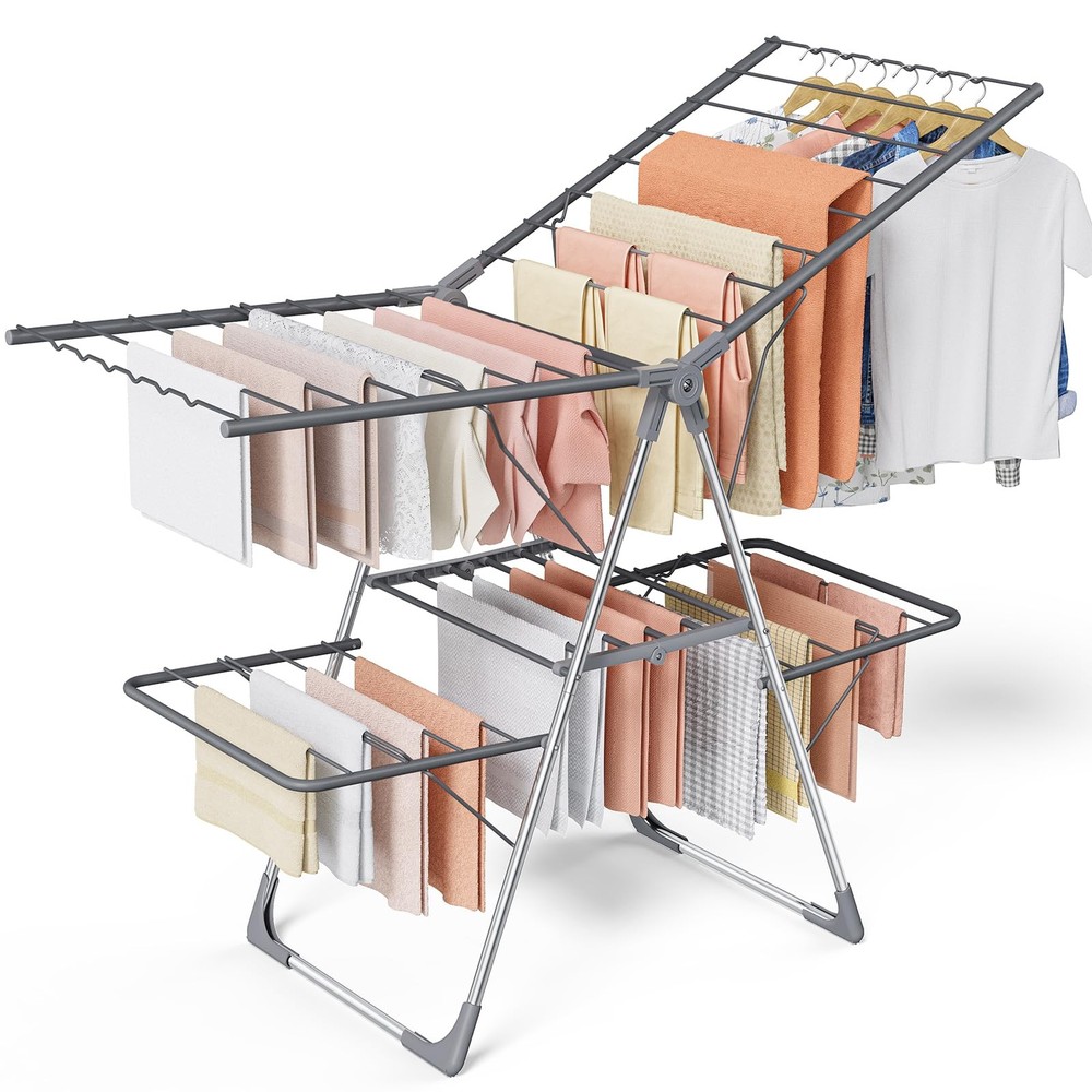 Clothes Drying Rack, Foldable 2-Level Laundry Drying Rack with Height-Adjusta...