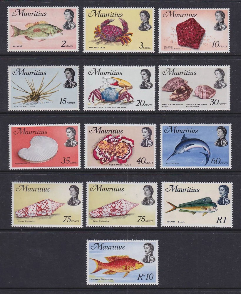 Mauritius 1972-73 Mint MNH Set 12 values Definitive Shells Fish Crabs Marlin