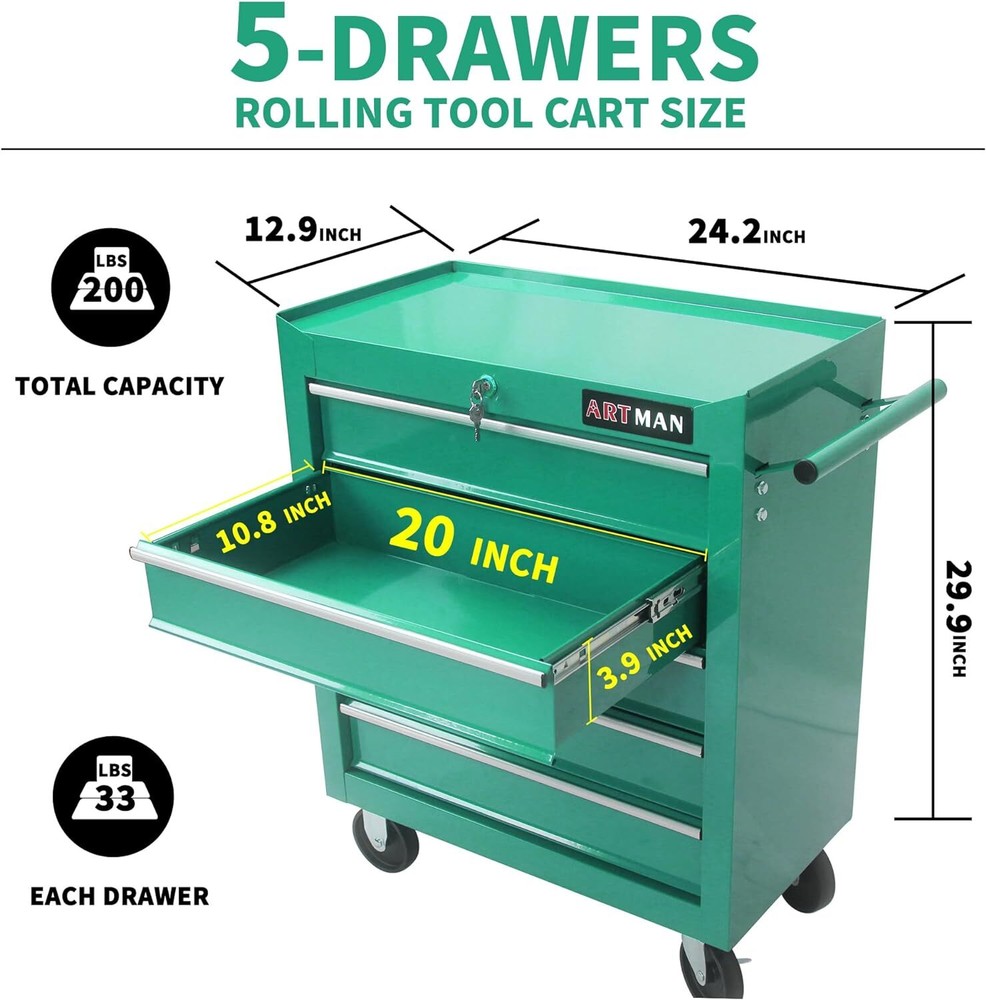 5-Drawer Rolling Tool Cart, Lockable Tool Storage Organizer,Tool Chest Cabinet
