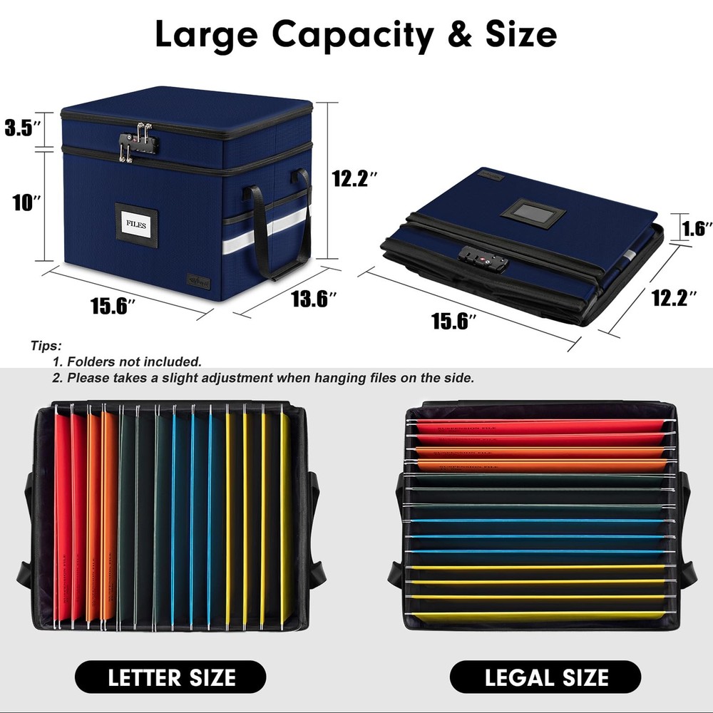 Fireproof Document Box with Lock, 2-Layer File Box Storage Organizer with 5 T...