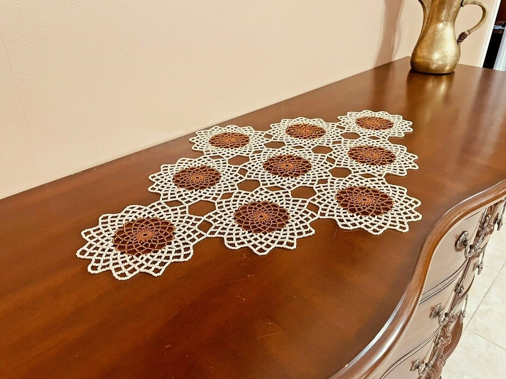 Handmade IVORY & COPPER Crochet Beaded Doily 29”/18”