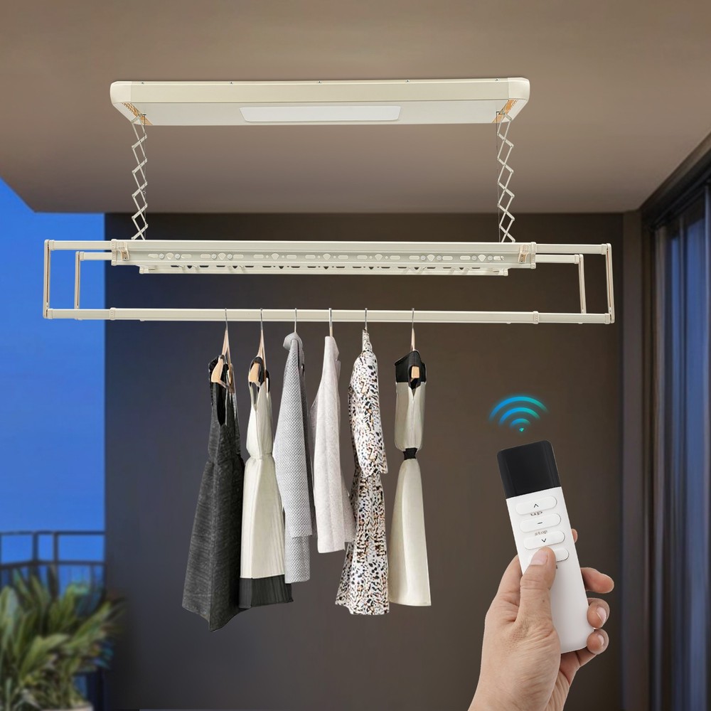Ceiling-mounted Clothesline, Resealable Vertical Drying Rack W/ Light 8 Rods