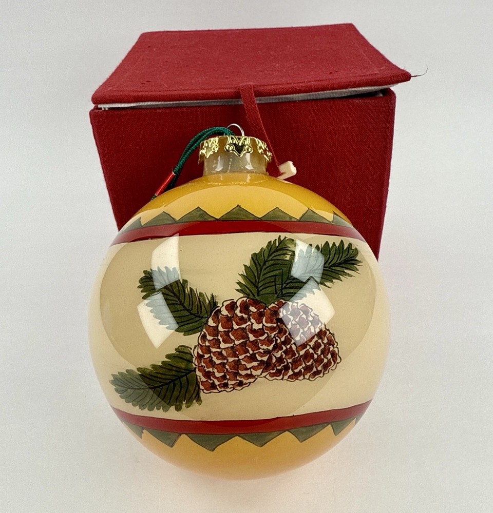 Christmas Ornament Ball Reverse Hand Painted Pine Cones Large With Box