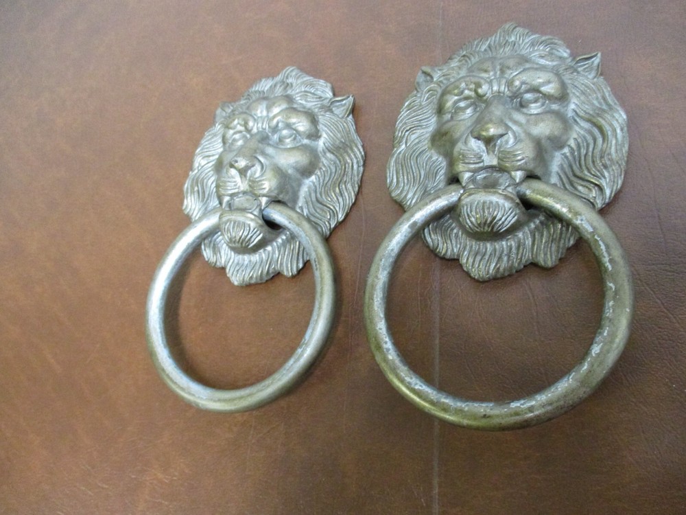 2 Vintage Large Brass Lion Head Drawer Pulls Knobs handles