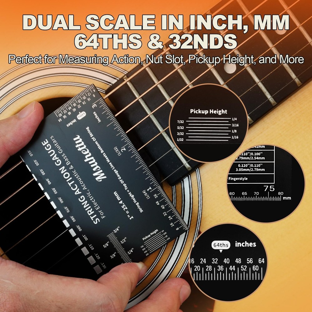 String Action Gauge Ruler, Upgraded Guitar Height Black (Etched)