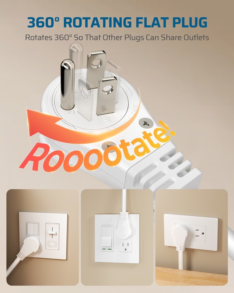 DEWENWILS 10FT Flat Plug Power Strip, 3 Outlets Space Saving Rotating Plug