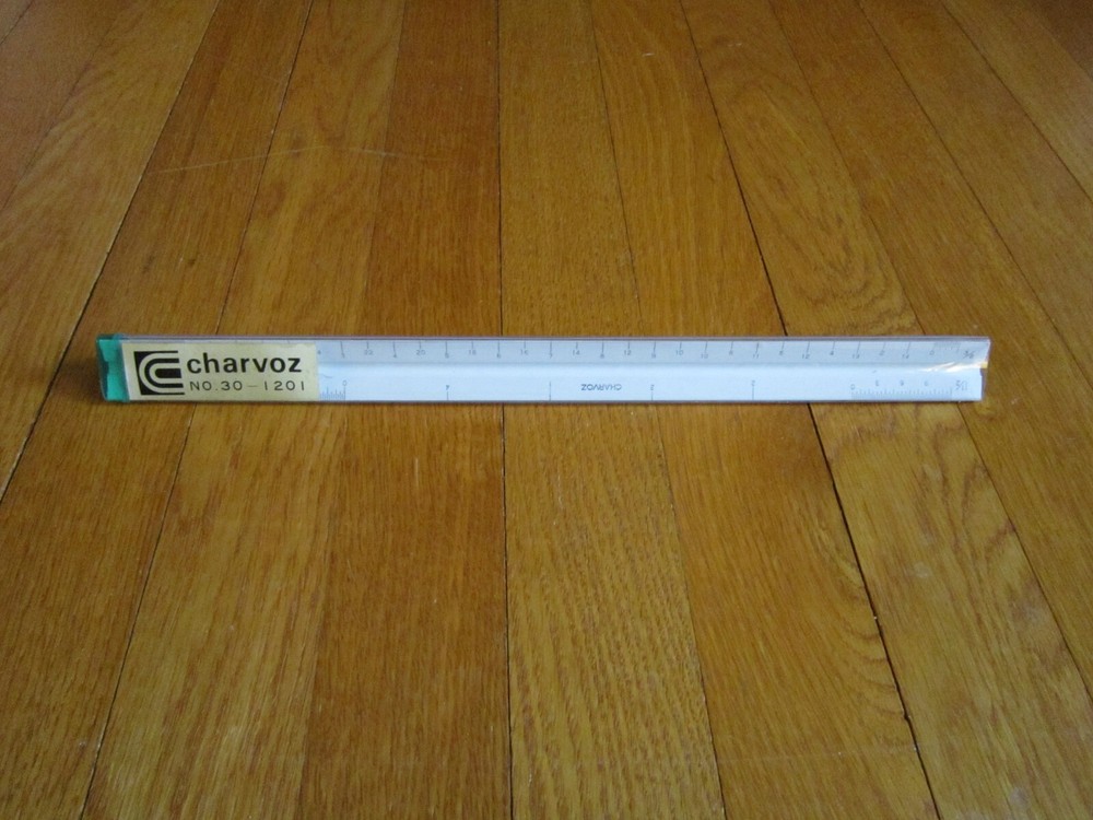 Vtg Charvoz 12" Architect Drafting Ruler 3 Sided Triangular Plastic 30-1201 Case