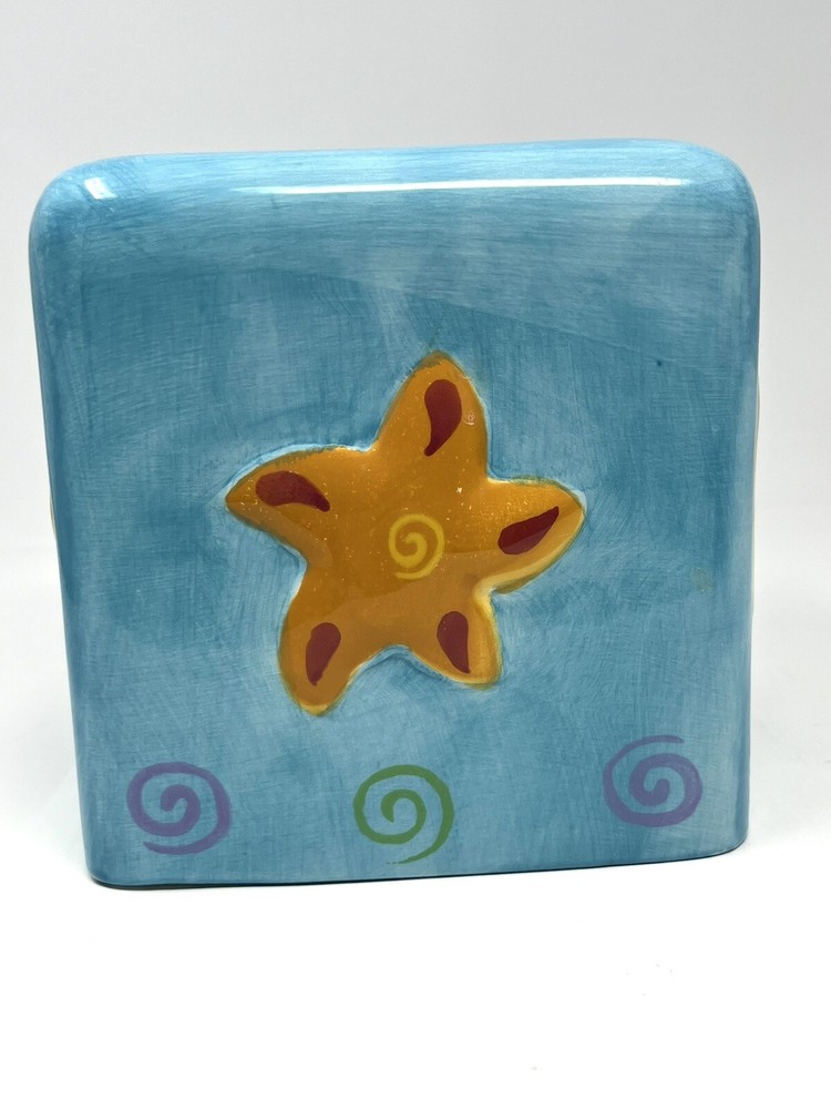 Coral Reef Square Ceramic Tissue Box Cover Hand Painted Riviera Fish Shells