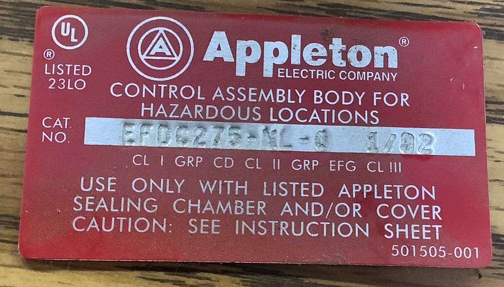 Appleton EFDC275-NL-0 1/02 Control Assembly Body