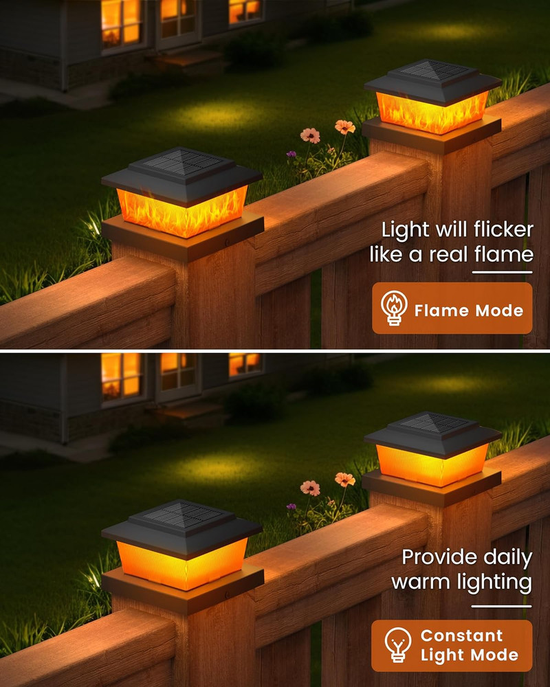 Solar Fence Post Lights 4pack, Black Solar Deck Post Cap Flame Light Outdoor
