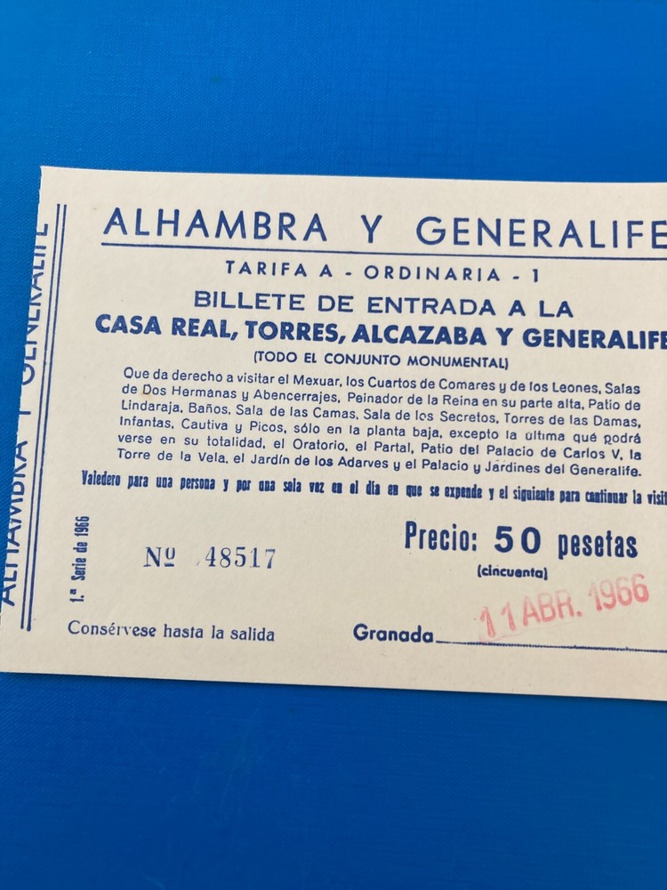 ALHAMBRA  TICKET  STAMPED  1966