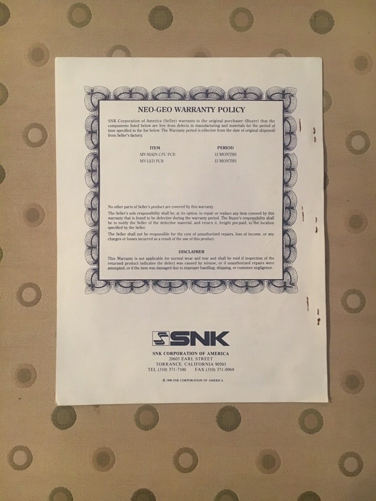 SNK Neo Geo System Operation Manual, 1990