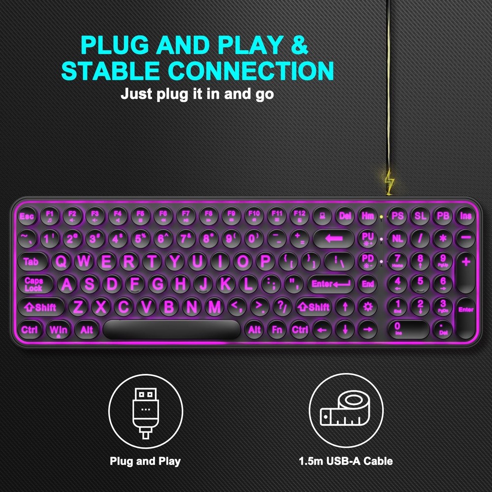 Large Print Backlit Keyboard, Wired USB Lighted Computer Keyboards with 7-Col...
