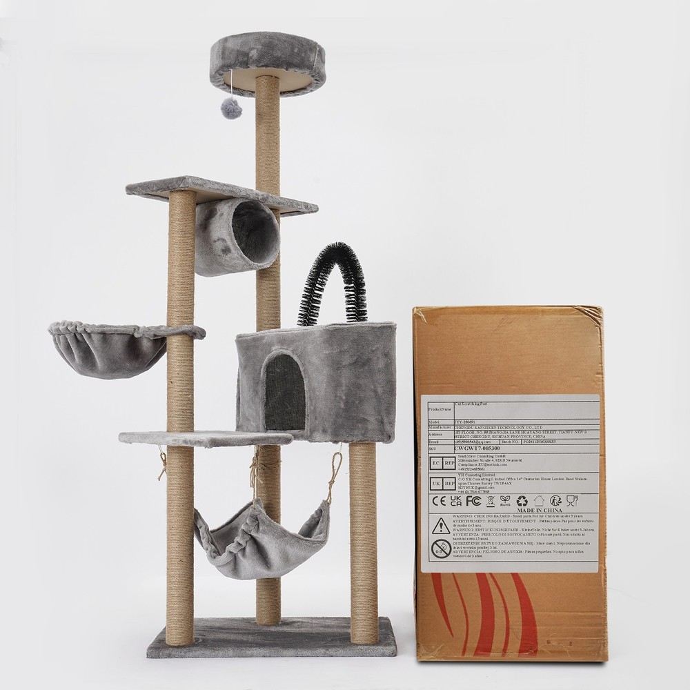 Floor Standing Scratching Post Multi-Level Cat Tower Climbing Frame Silvery Grey