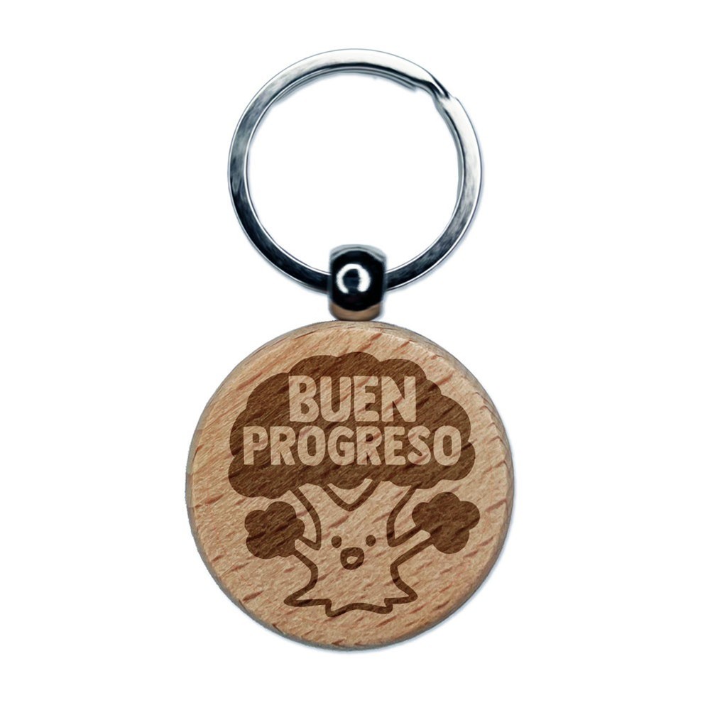 Buen Progreso Spanish Tree Engraved Wood Round Keychain Tag Charm