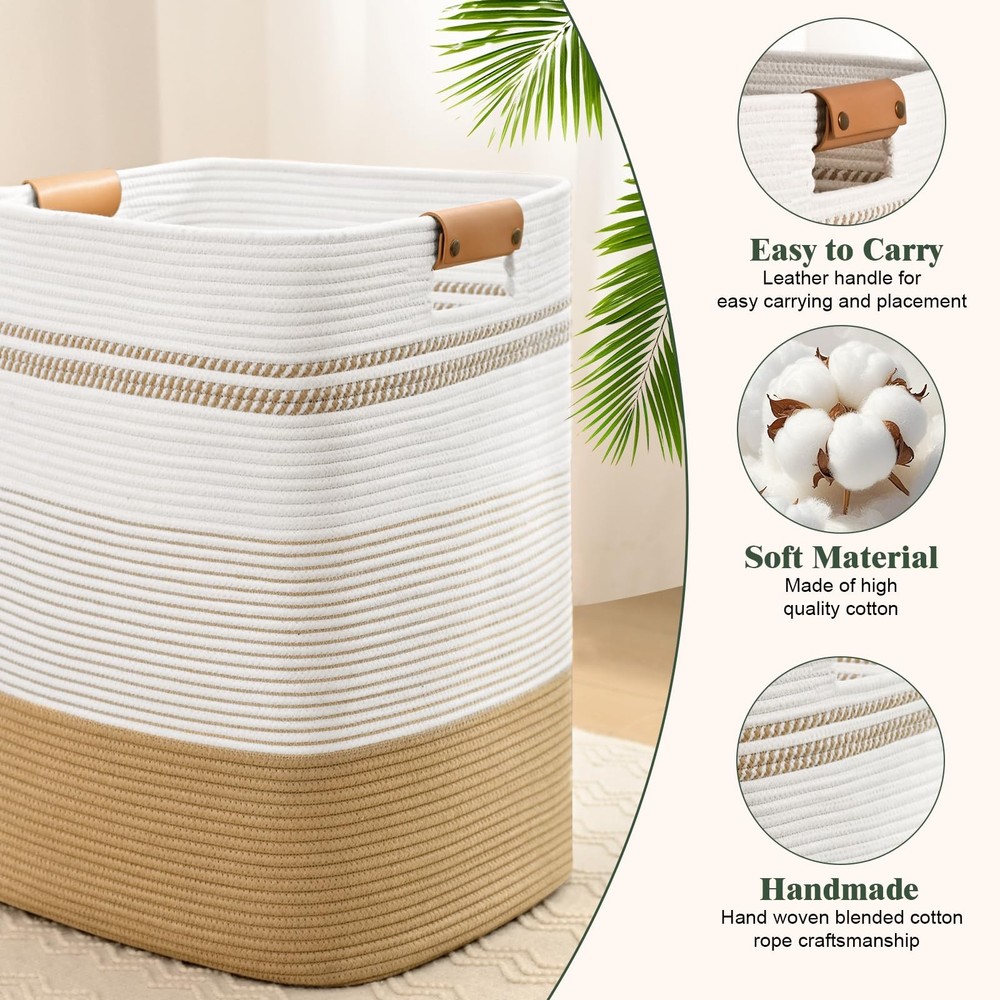 Laundry Hamper, 85L Tall Laundry Basket with Leather Handles, Rectangle Large...