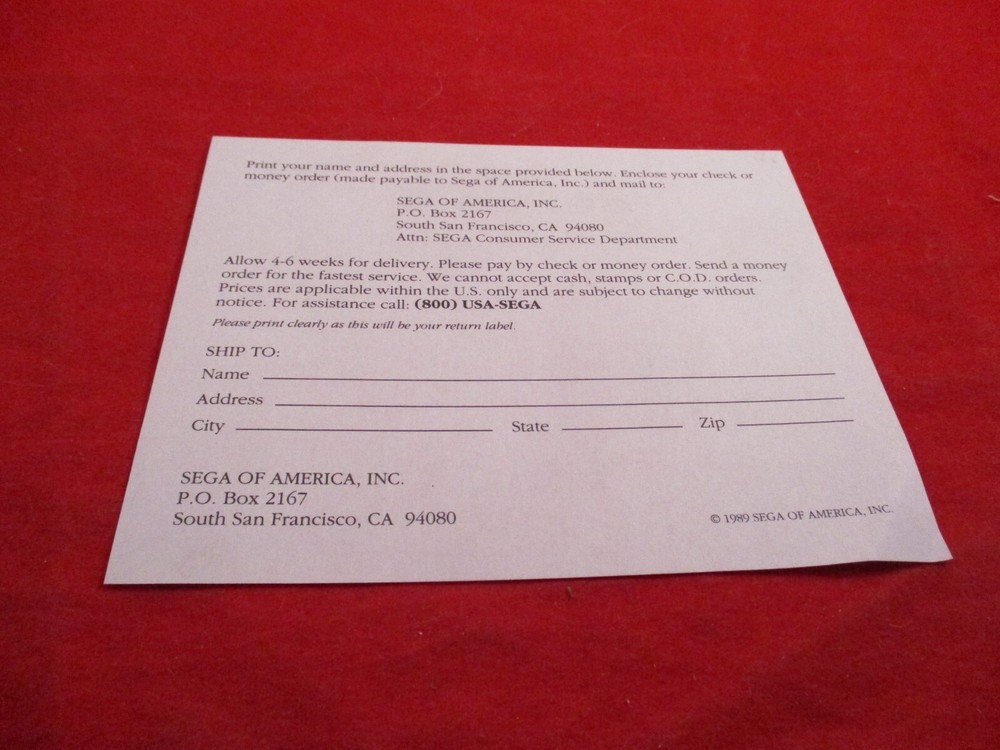 Sega Genesis Parts & Order Form Information Sheet Insert ONLY