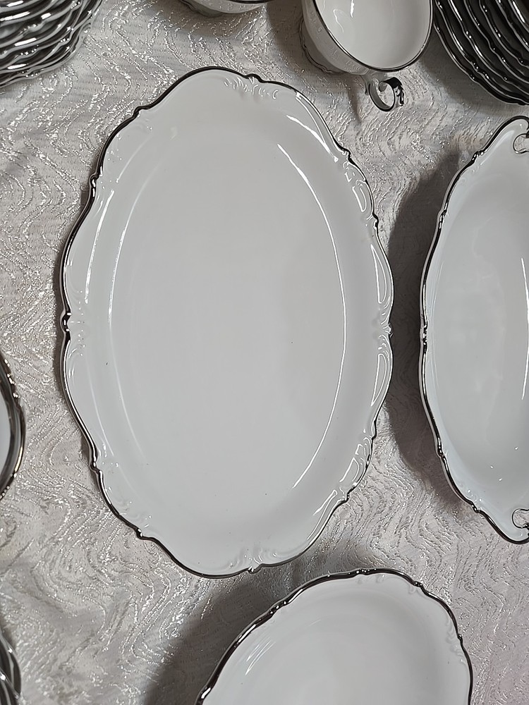 53 Pc Bavaria Tirschenreuth Silver Scroll Scalloped Dinnerware Set Pasco White