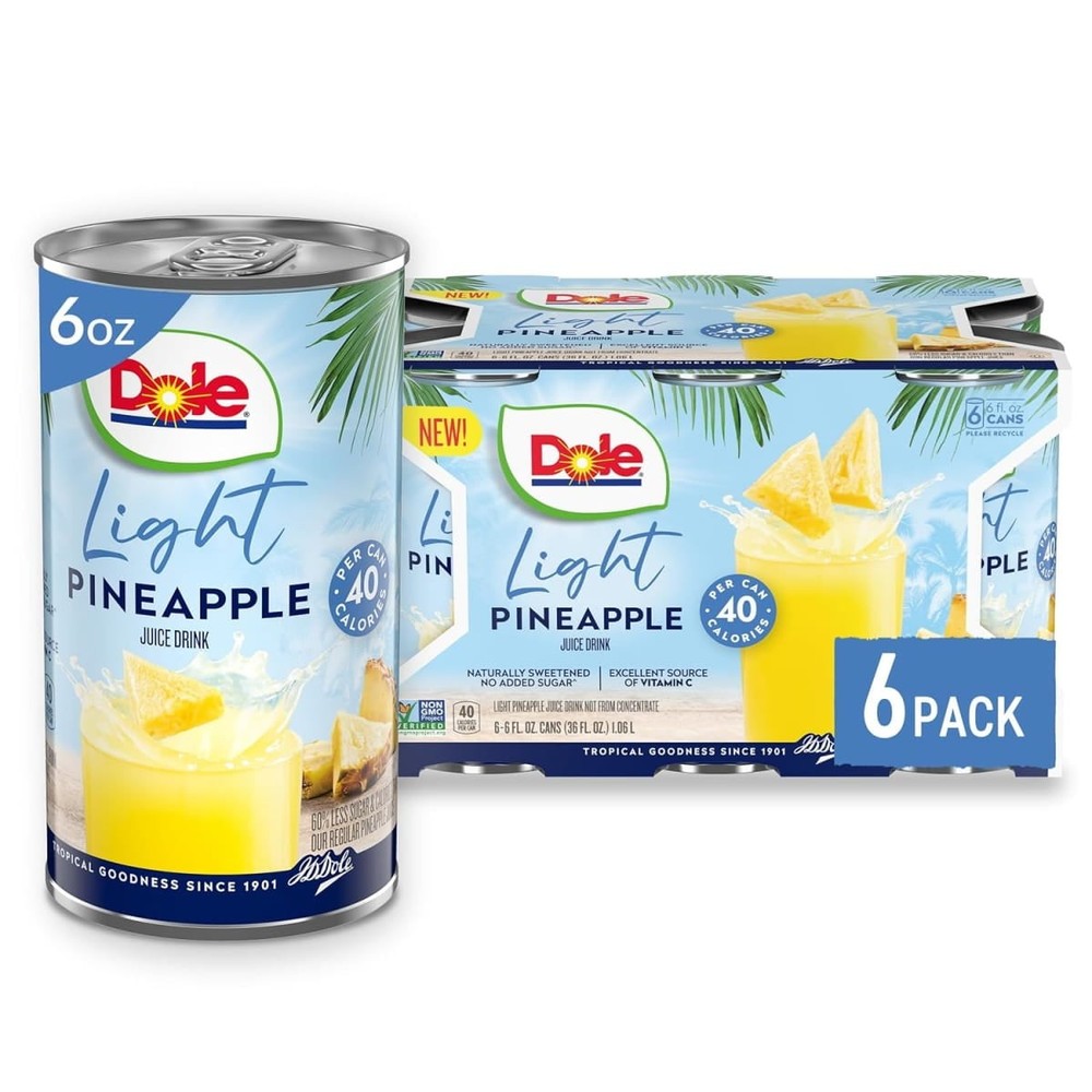 (3 pack) (6 Cans) Dole Light Pineapple Juice Drink, 6 fl oz Can