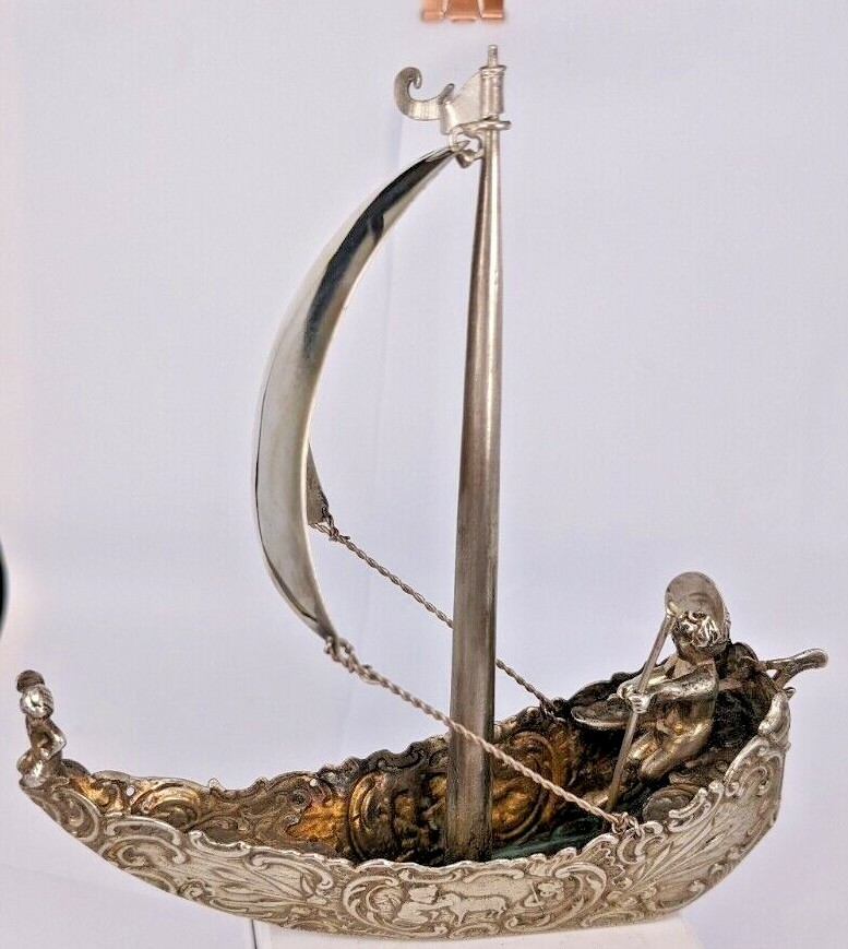Miniature Hanau solid silver cherub sail boat Circa 1900