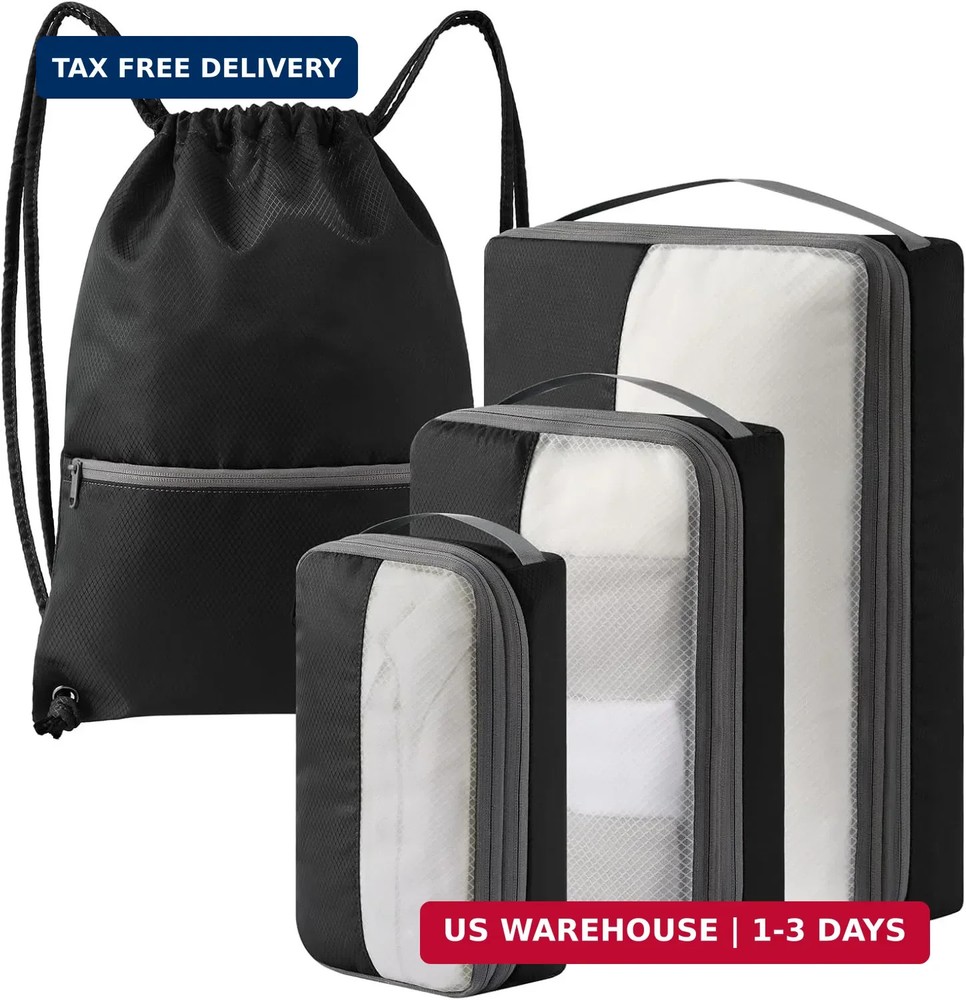 4 Set Compression Packing Cubes for Travel, Bonus Versatile Drawstring Backpack,