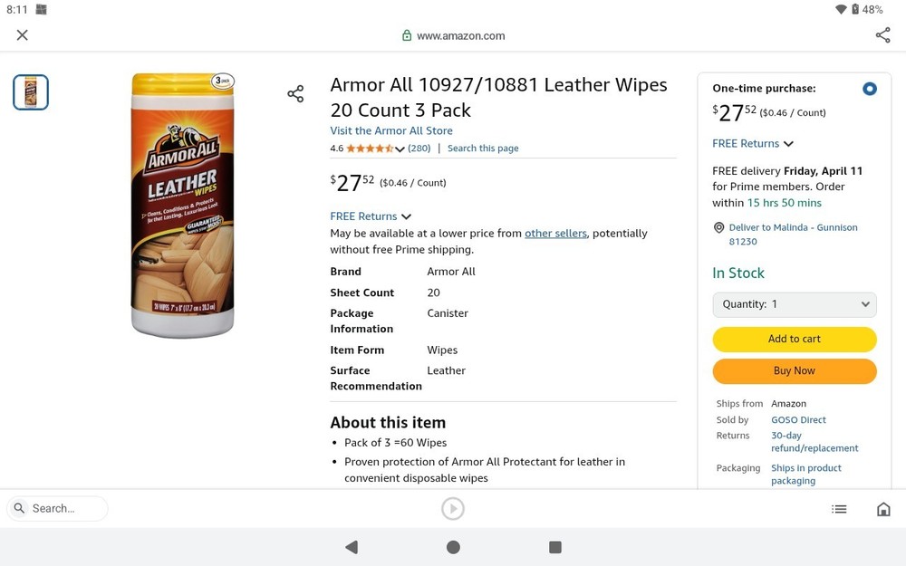 Armor All Leather Wipes 20 Count 3 Pack