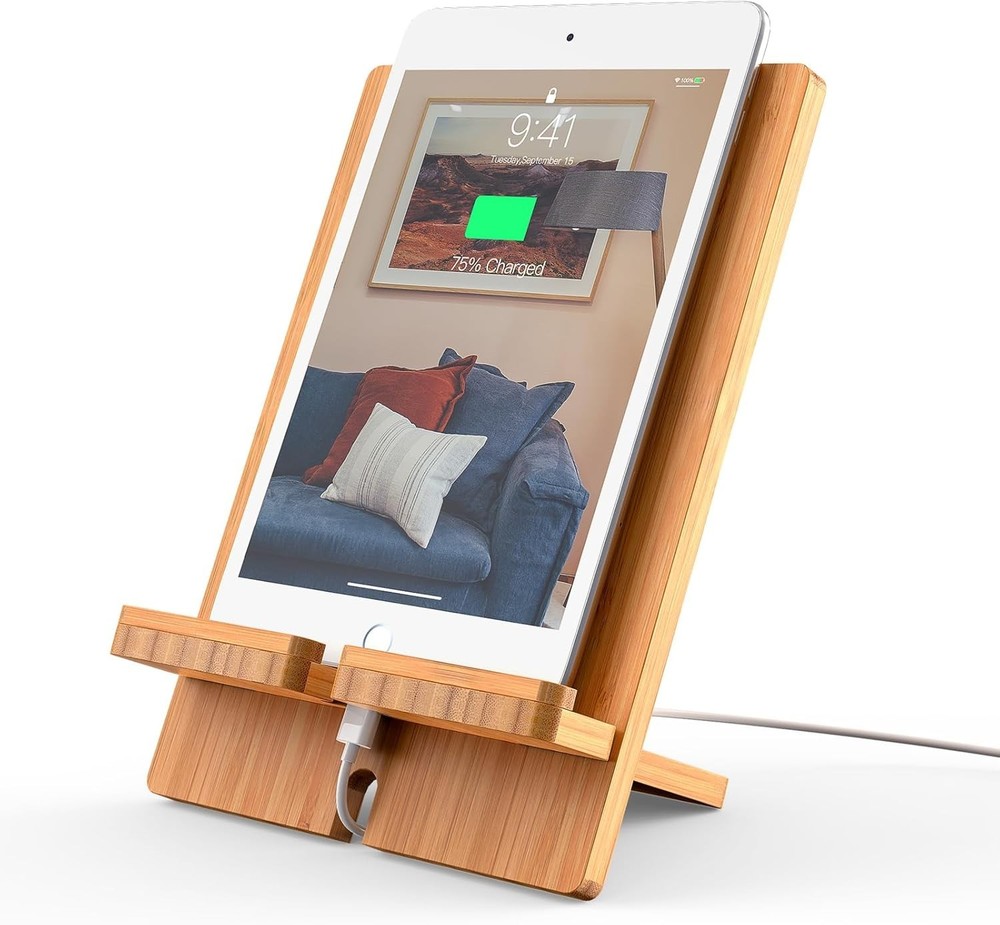 Multi-Angle Bamboo Tablet Holder for Smartphones & Tablets - Adjustable Size