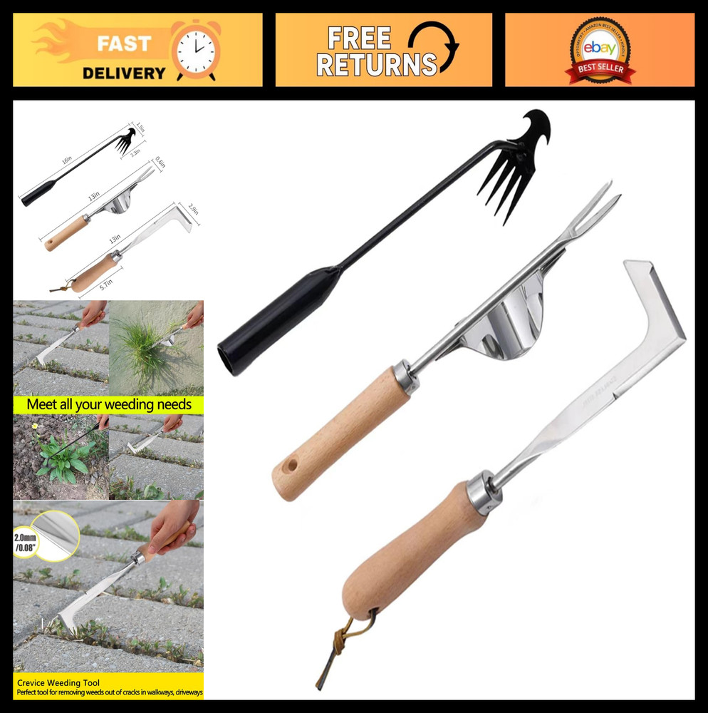 3 Pack Manual Weed Puller Tool Set - Stainless Steel Hand Weeder & Crack Digger